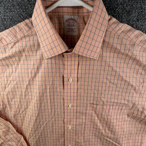 Brooks Brothers Men Button Up Shirt Cotton Orange Blue Check 15.5 33 Traditional